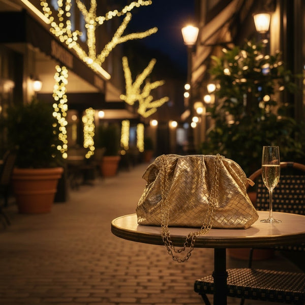 L and B Creations metallic gold woven crossbody purse with a chain strap sitting on a cafe table at night.