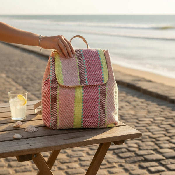 L and B Creations multicolor striped mid-size backpack with magnetic clasp and drawstring closure on a beach table.