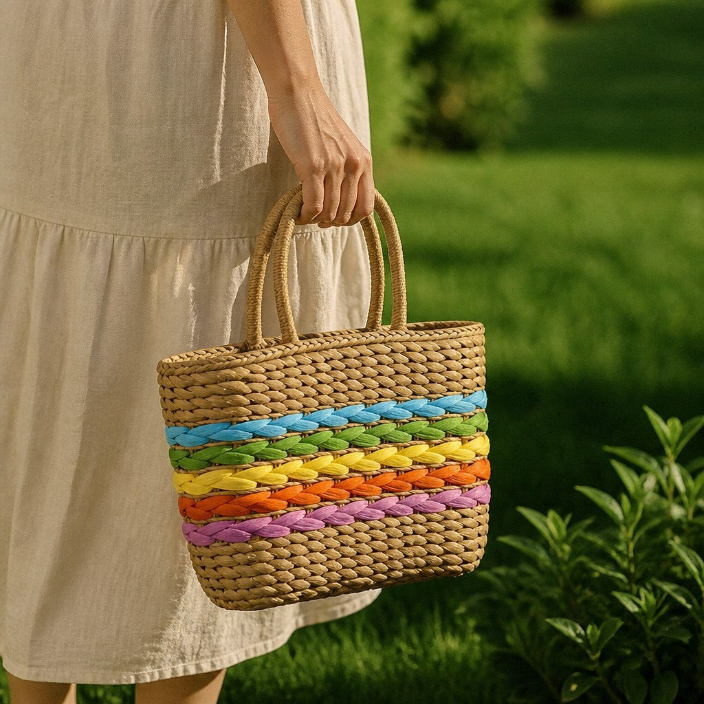 L and B Creations chunky twine purse with a vibrant rainbow braided stripe design held by a woman in a beige dress.