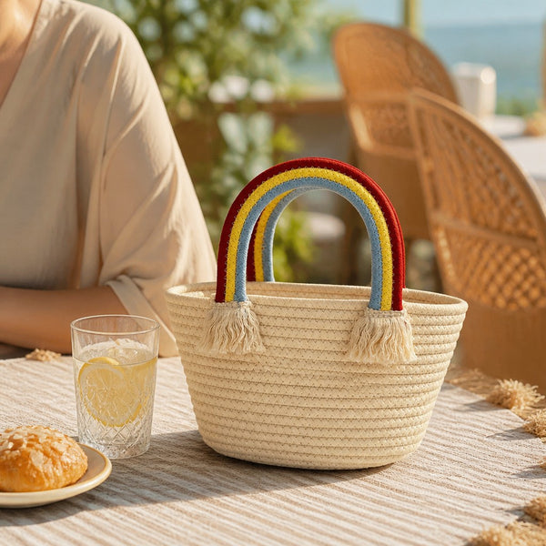 L and B Creations medium canvas rope purse with a colourful rainbow handle sitting on a table at an outdoor cafe.
