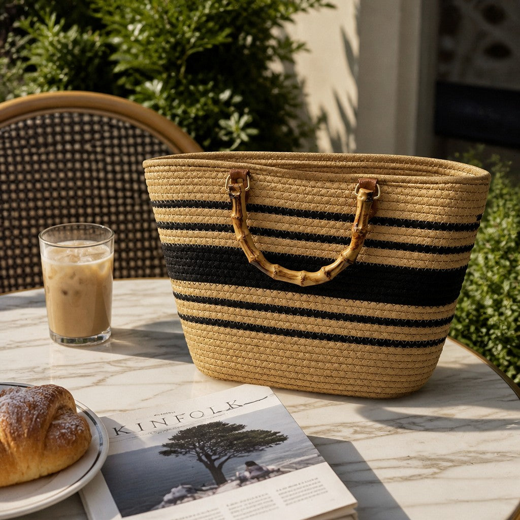 L and B Creations rope canvas tote bag with black stripes and a natural bamboo handle on a marble cafe table.