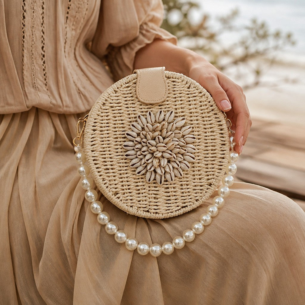 L and B Creations round twine conch shell purse with pearl strap, featuring a woven texture and cloth interior.