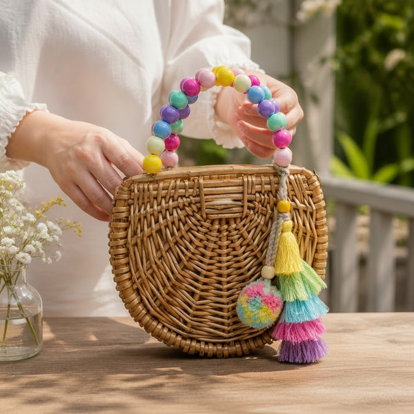 L and B Creations round wicker purse with a colorful beaded handle and multi-colored tassel charm