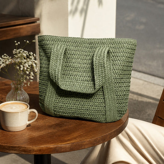 L and B Creations large sage green twine canvas tote bag with woven texture sitting on a wooden cafe table