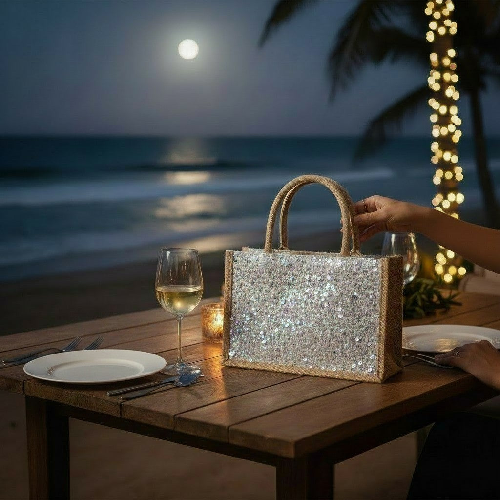 L and B Creations mid-size canvas handbag covered in shimmering silver sequins on a beachside dinner table at night.