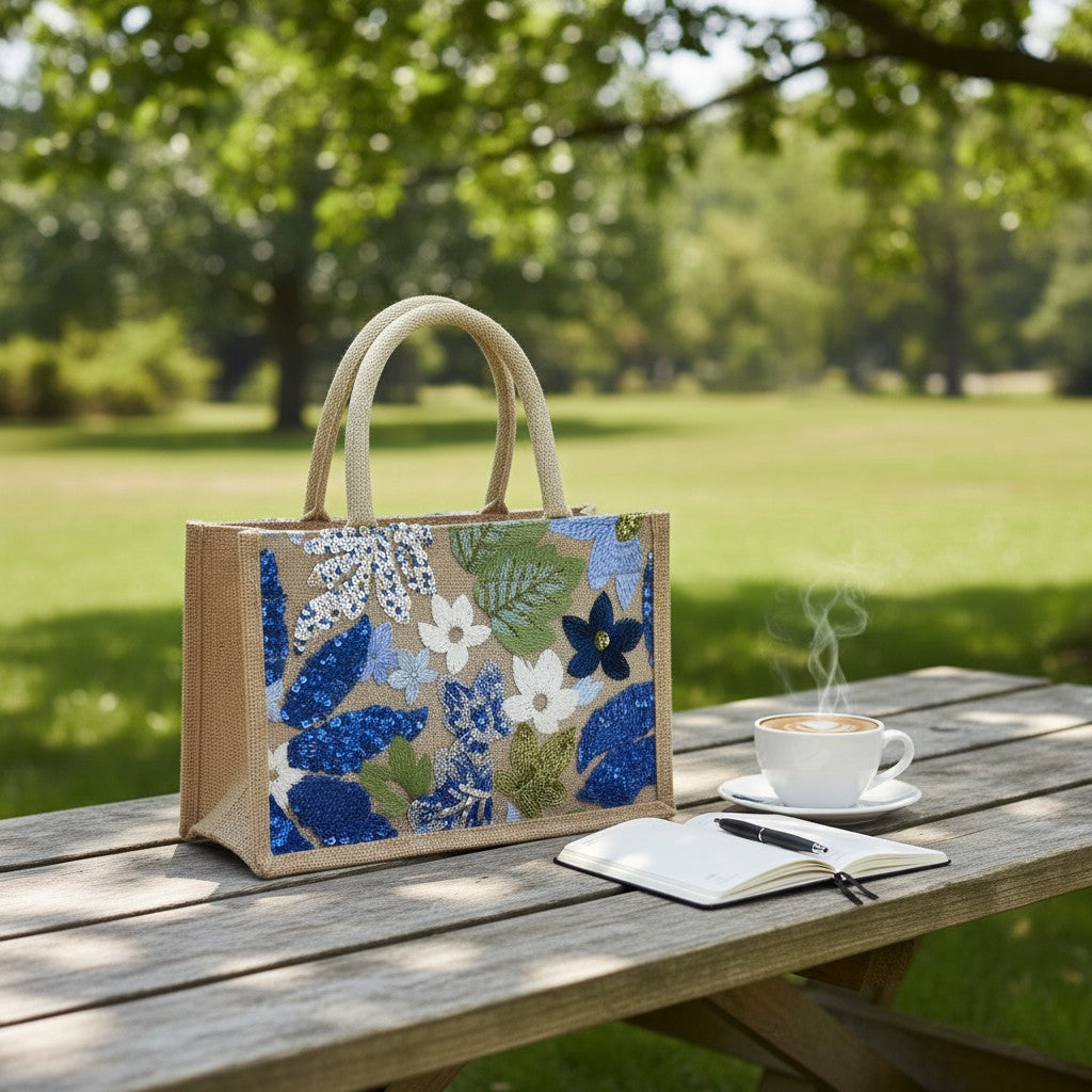 L and B Creations mid-size canvas tote bag with blue and green sequin flower embroidery on a wooden outdoor table.