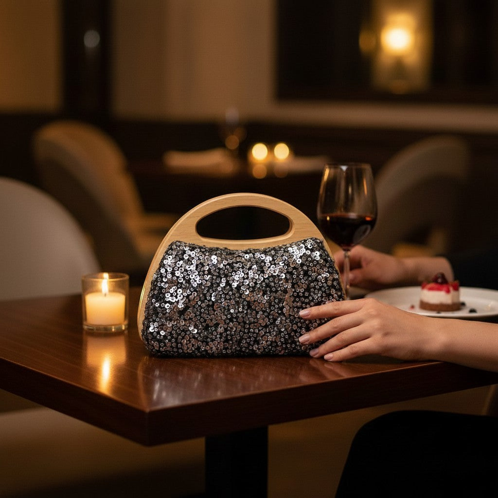 L and B Creations sequin handbag with a wooden handle, displayed on a restaurant table with wine and dessert.