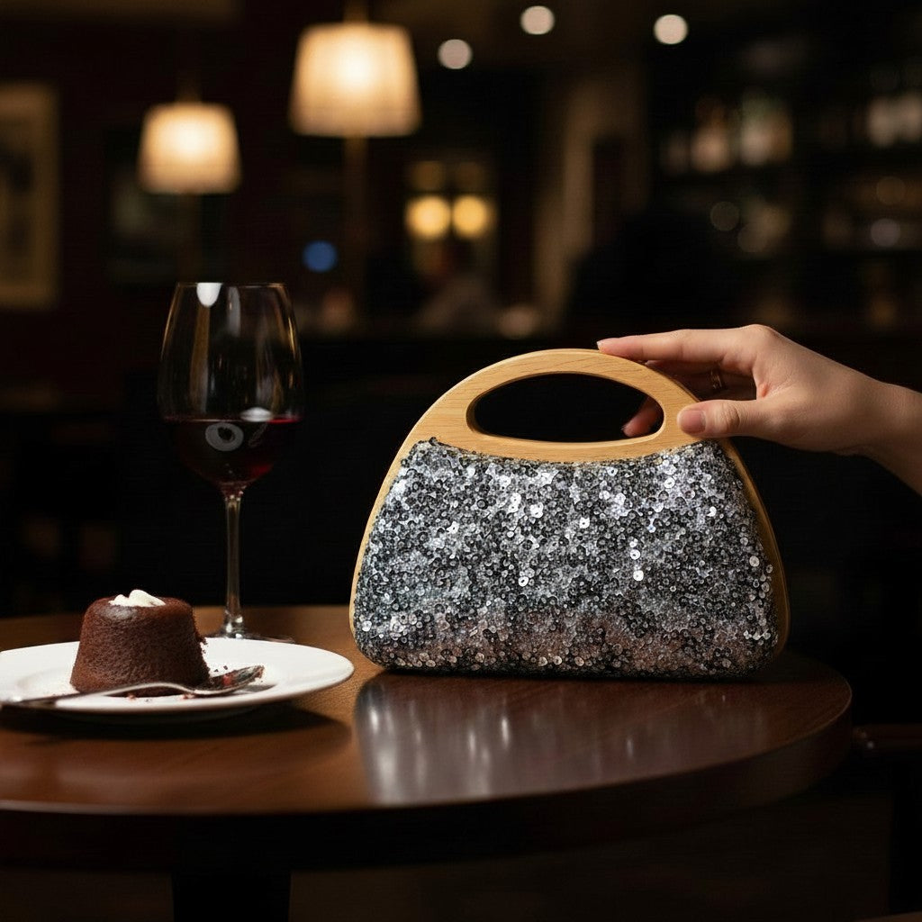 L and B Creations silver sequin handbag with a polished wooden handle held on a restaurant table