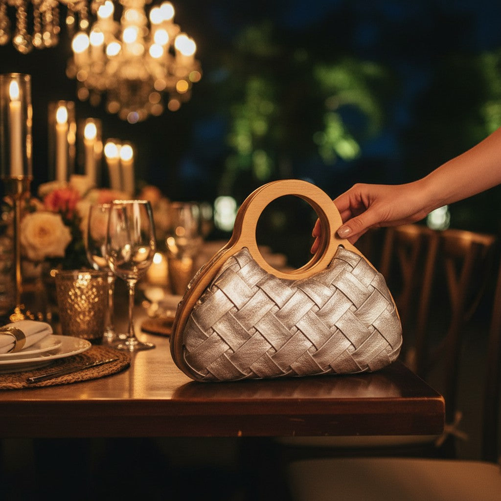 L and B Creations silver woven fabric handbag with a round wooden handle, displayed on a dining table at night.