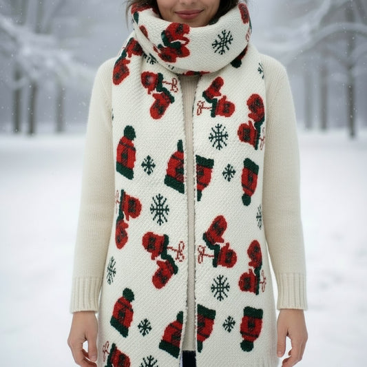 L and B Creations cream knit scarf featuring a festive red and green snowflake, mitten, and winter hat pattern