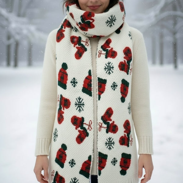 L and B Creations cream knit scarf featuring a festive red and green snowflake, mitten, and winter hat pattern