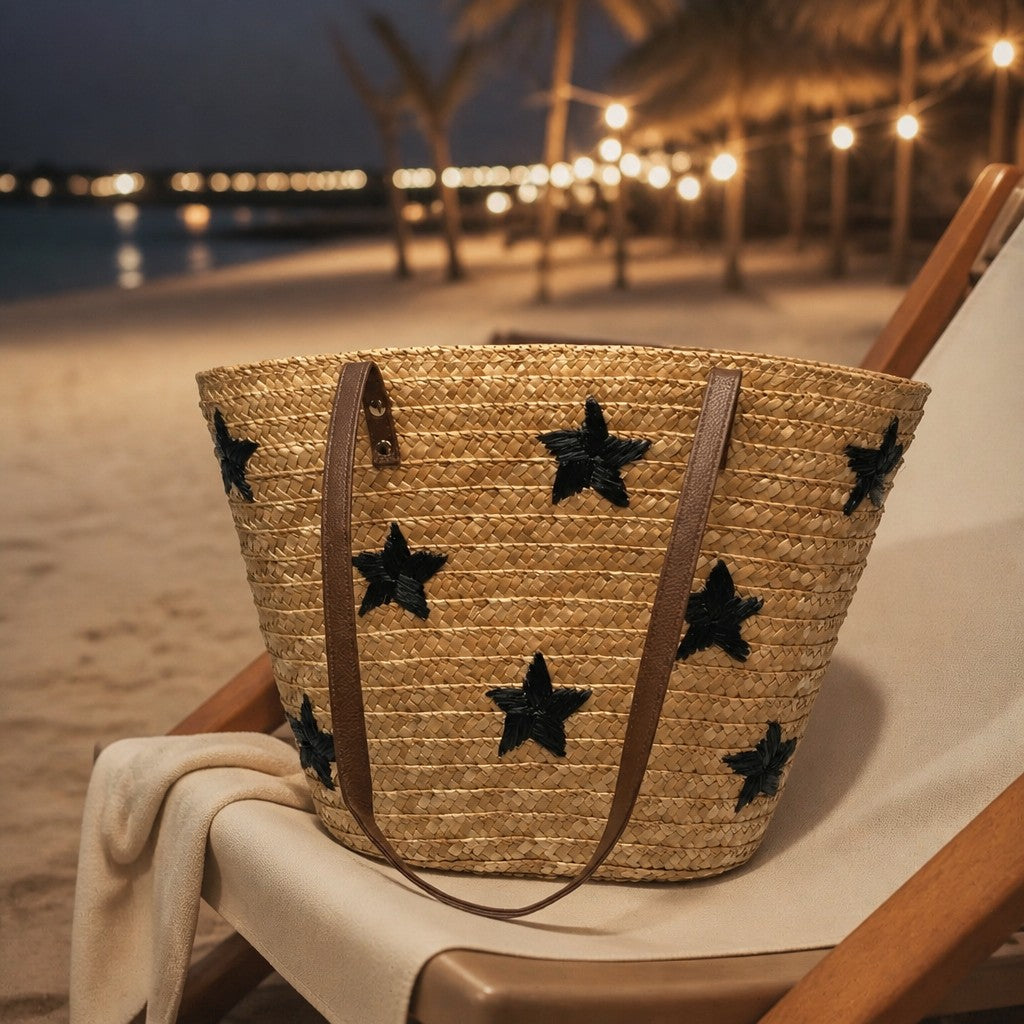 L and B Creations Twine Star Canvas Purse with black star embroidery, brown leather straps, and beach setting.