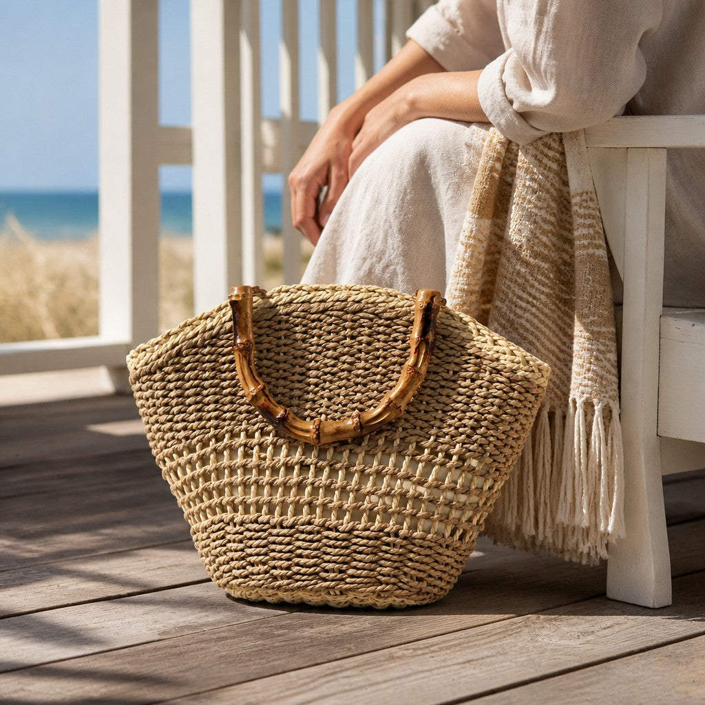 L and B Creations straw basket tote handbag with bamboo handles, cream interior, and crossbody strap on a porch.