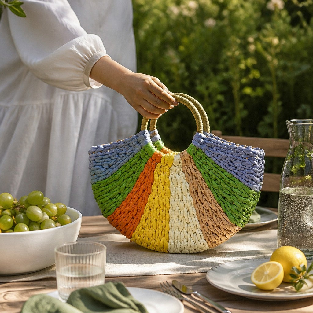 L and B Creations straw canvas handbag with a multi-colored fan pattern and round handles on an outdoor table