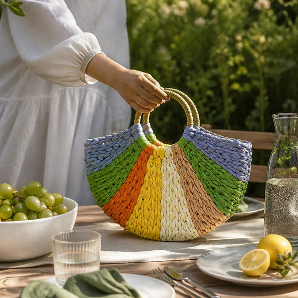 L and B Creations straw canvas handbag with a multi-colored fan pattern and round handles on an outdoor table