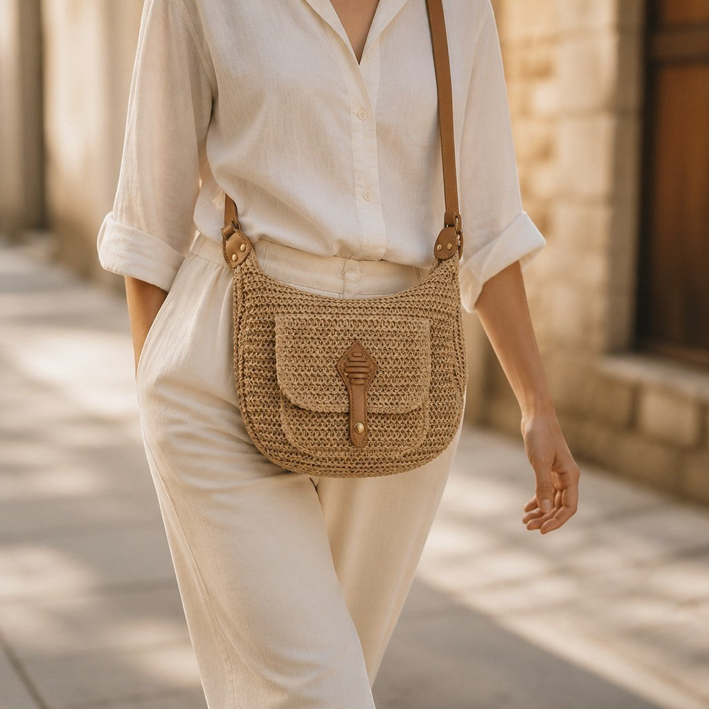 L and B Creations straw crossbody bag with adjustable leather strap and front square pocket worn by a woman