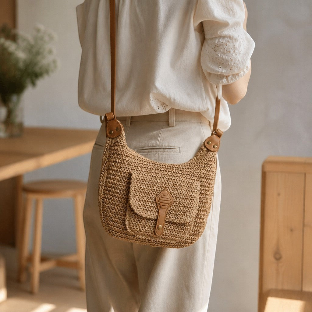 L and B Creations straw crossbody bag with adjustable leather strap and front square pocket worn by a woman