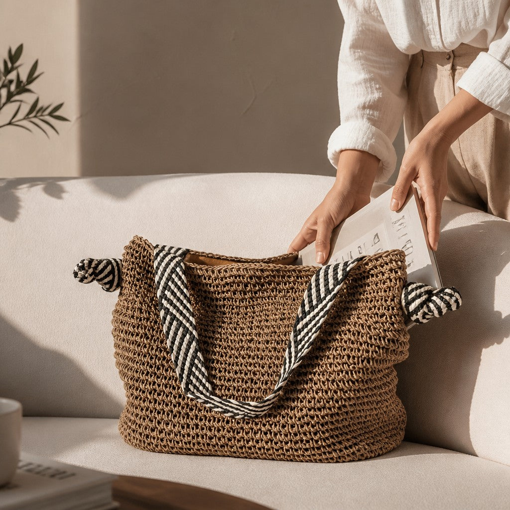 L and B Creations straw shoulder bag with black and white striped knot straps and light brown interior pocket