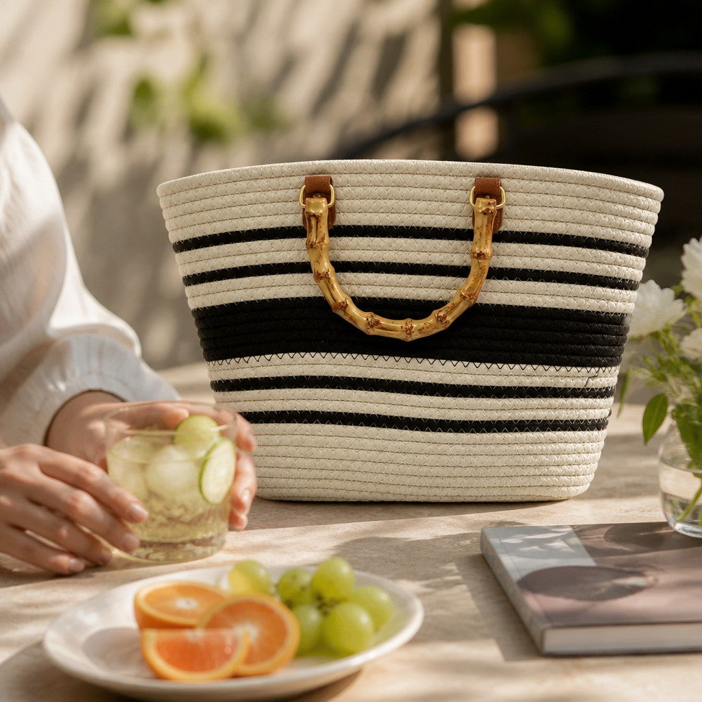 L and B Creations rope canvas tote bag with black and white stripes and a decorative acrylic bamboo handle.