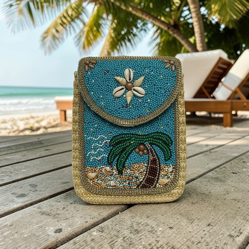 L and B Creations tropical fold-over clutch with blue beadwork, palm tree design, and seashell accents on a beach deck.