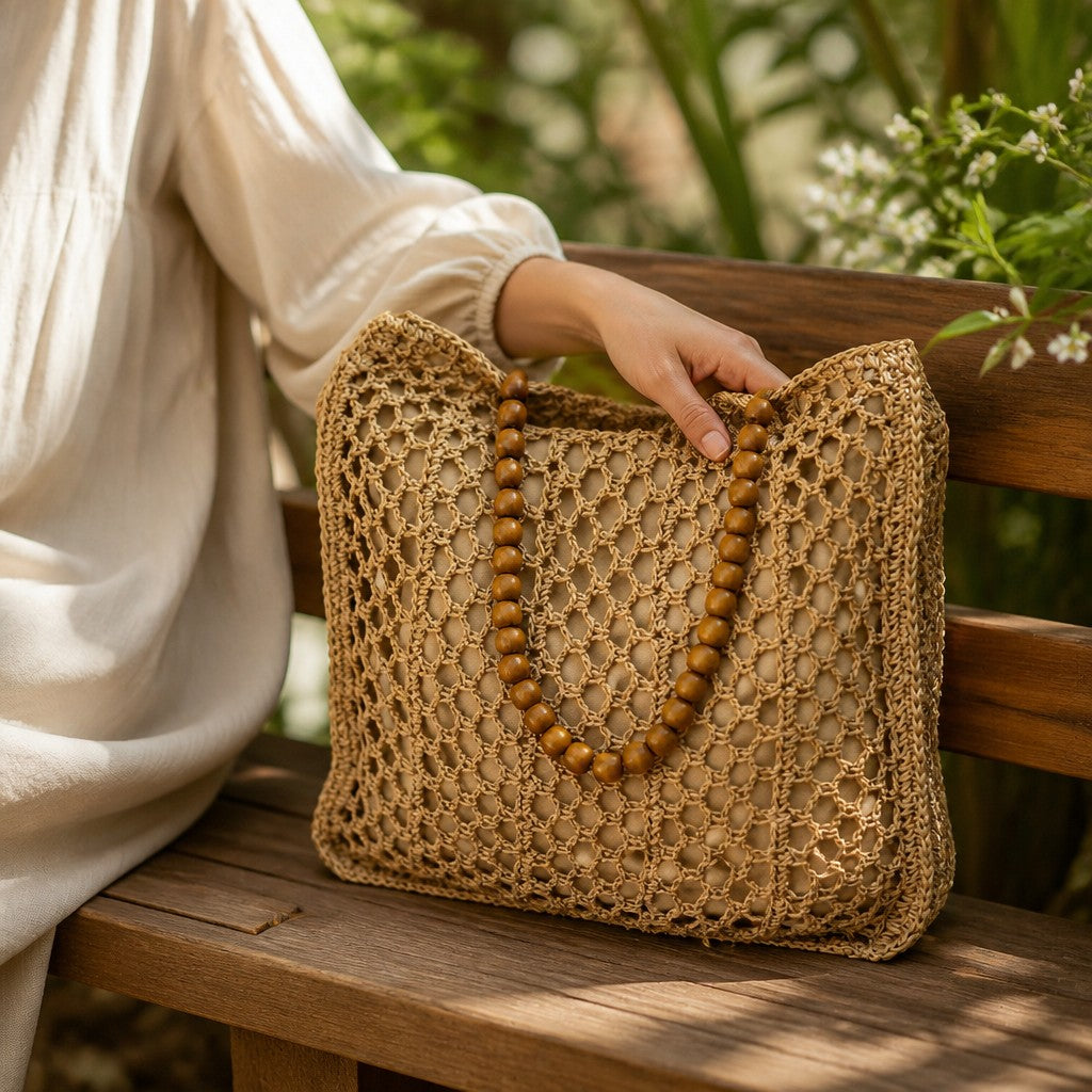 L and B Creations large beige twine bag with a wooden beaded handle, featuring a magnetic clasp and cloth interior.