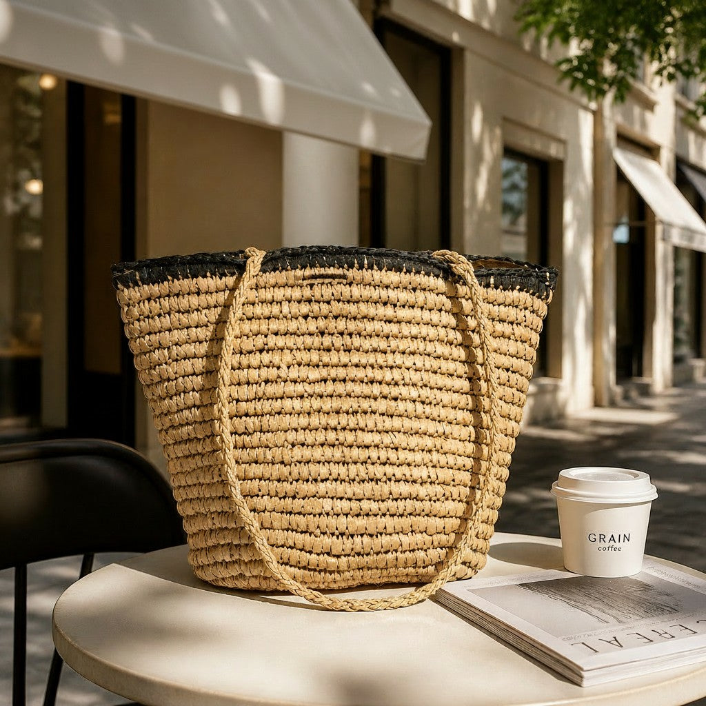 L and B Creations twine canvas purse with black trim, featuring a woven straw texture and cloth interior.