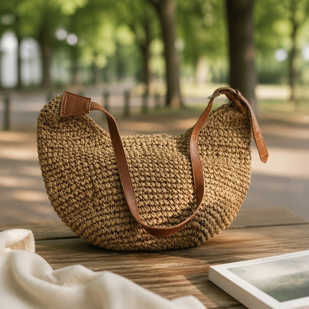 L and B Creations wide U-shaped twine shoulder bag with brown leather straps sitting on a wooden table outdoors