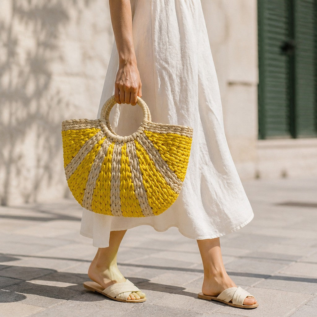 L and B Creations two-toned yellow and beige thick straw wicker handbag held by a woman in a white linen dress.