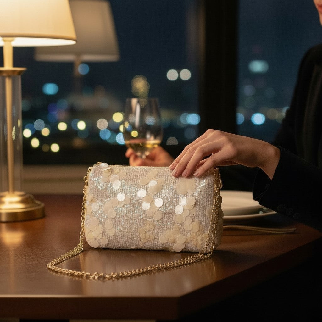 L and B Creations white sequin crossbody bag with gold chain strap on a table in a dimly lit restaurant setting.