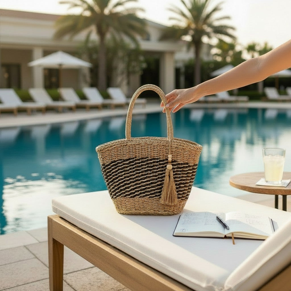 L and B Creations wicker canvas tote bag with black woven pattern and tassel, resting on a poolside lounge chair.