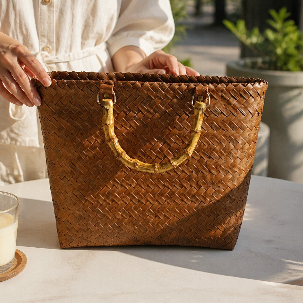 L and B Creations brown woven canvas tote bag with natural bamboo handles held by a person outdoors.