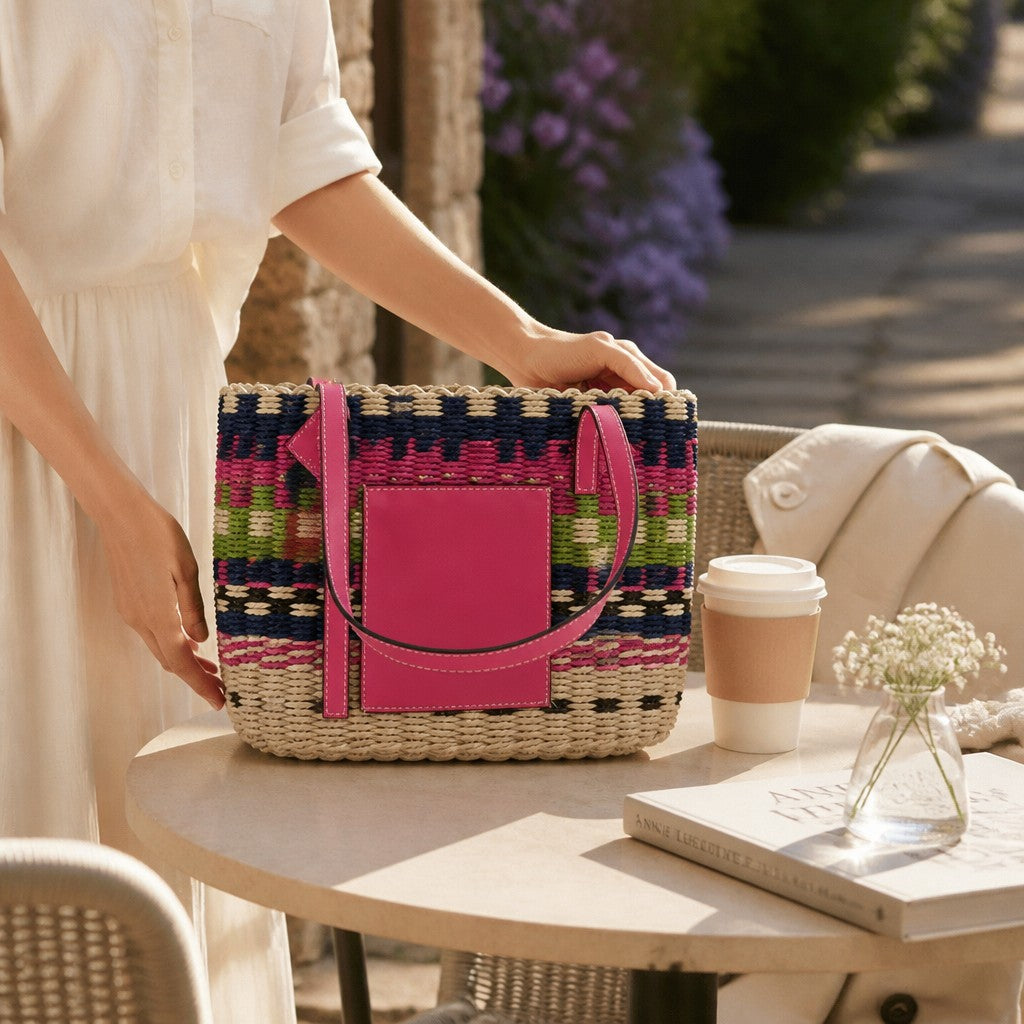 L and B Creations woven shoulder bag with pink leather patch and colorful geometric twine pattern on a cafe table.