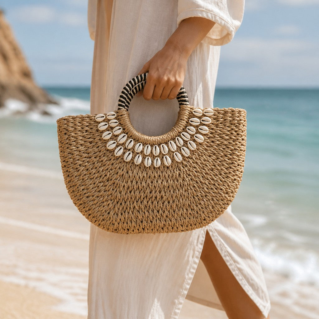 L and B Creations woven straw handbag with conch shell embellishments and round black and white striped handles on beach