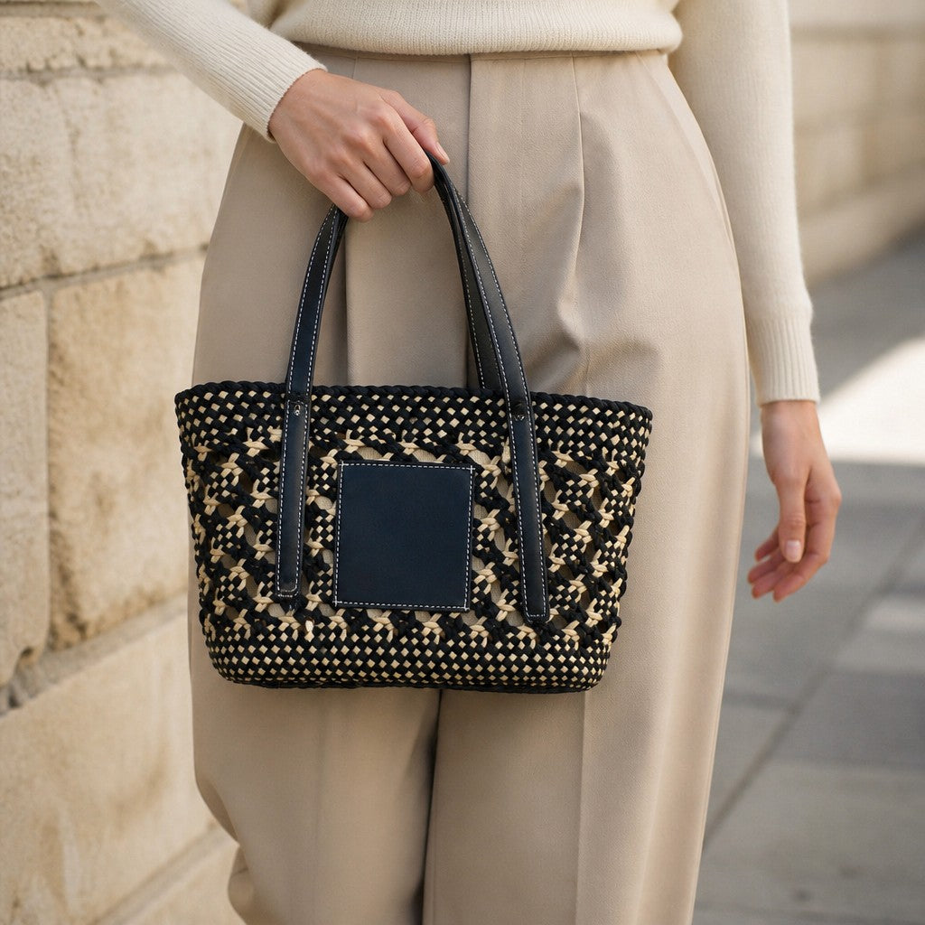 L and B Creations medium shoulder bag with black and beige woven twine design and a central leather patch