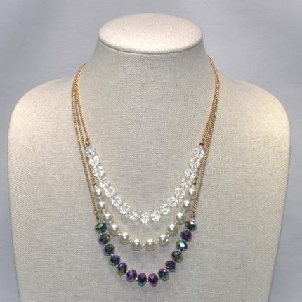 Small 3 Layer Rhinestone with Pearls Necklace