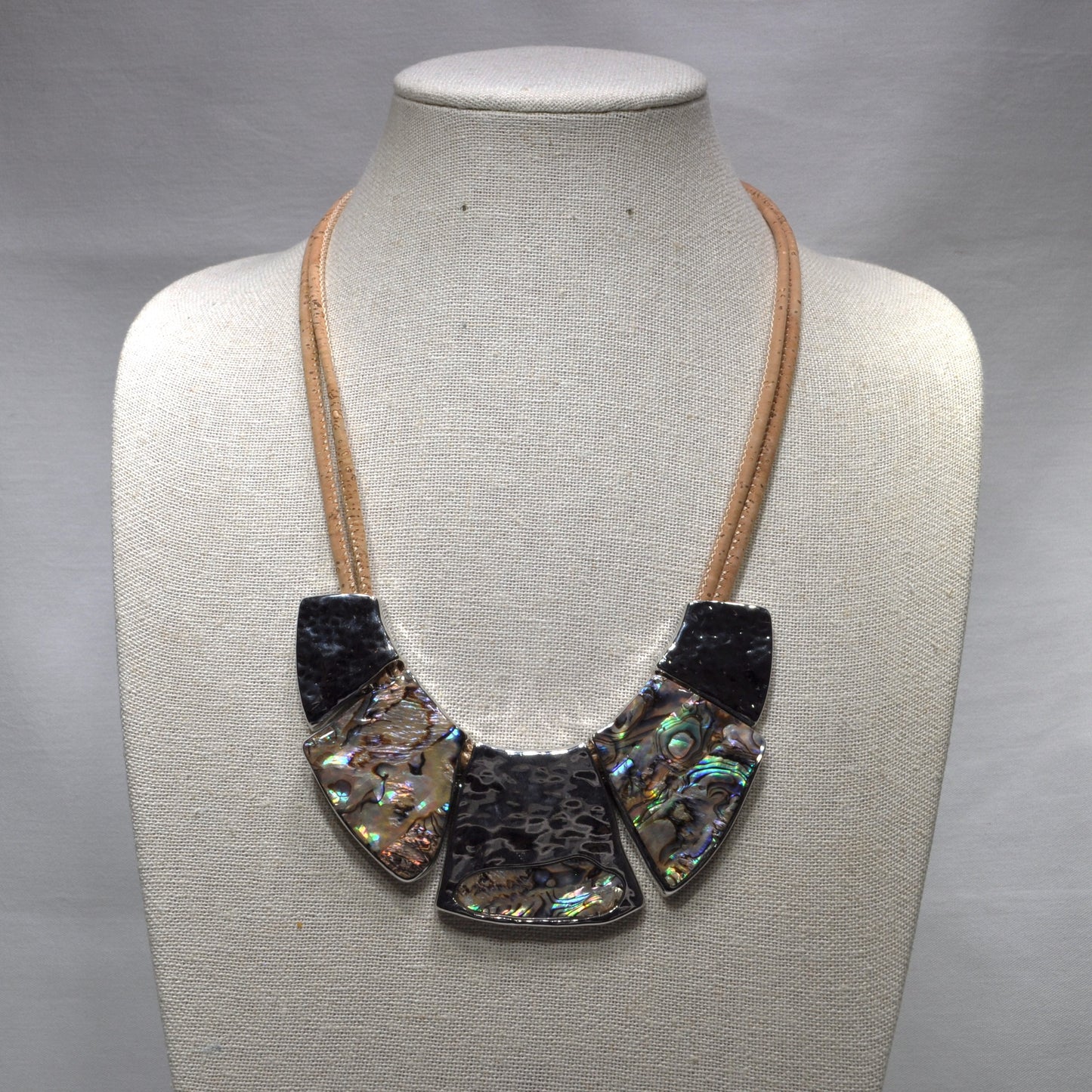 Short Cork Cords bib style with Five Hammered and Abalone Pendants