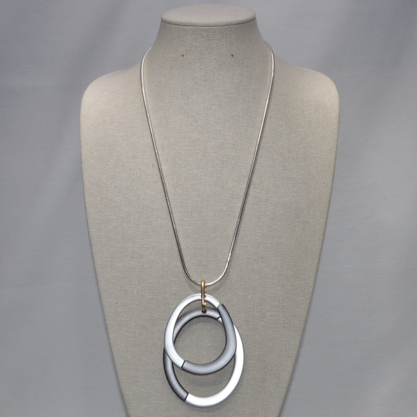 Long Snake Chain Necklace with Two-Tone Double Metal Circles Pendant