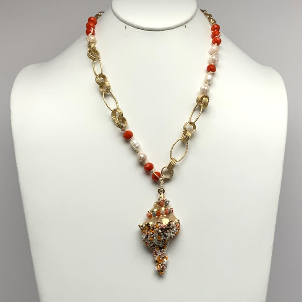Long Crystal and Pearl Necklace with Beaded Conch Shell Pendant