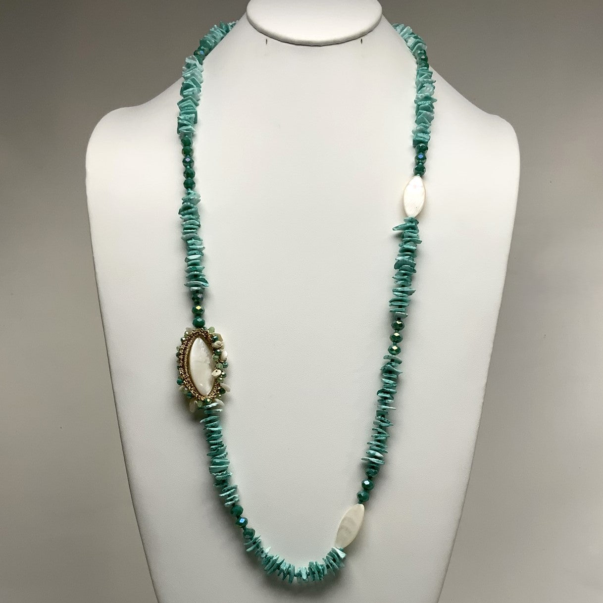 Long Semi-Precious Chips with Marquis Shape Shell Spacers with Crystal Edging