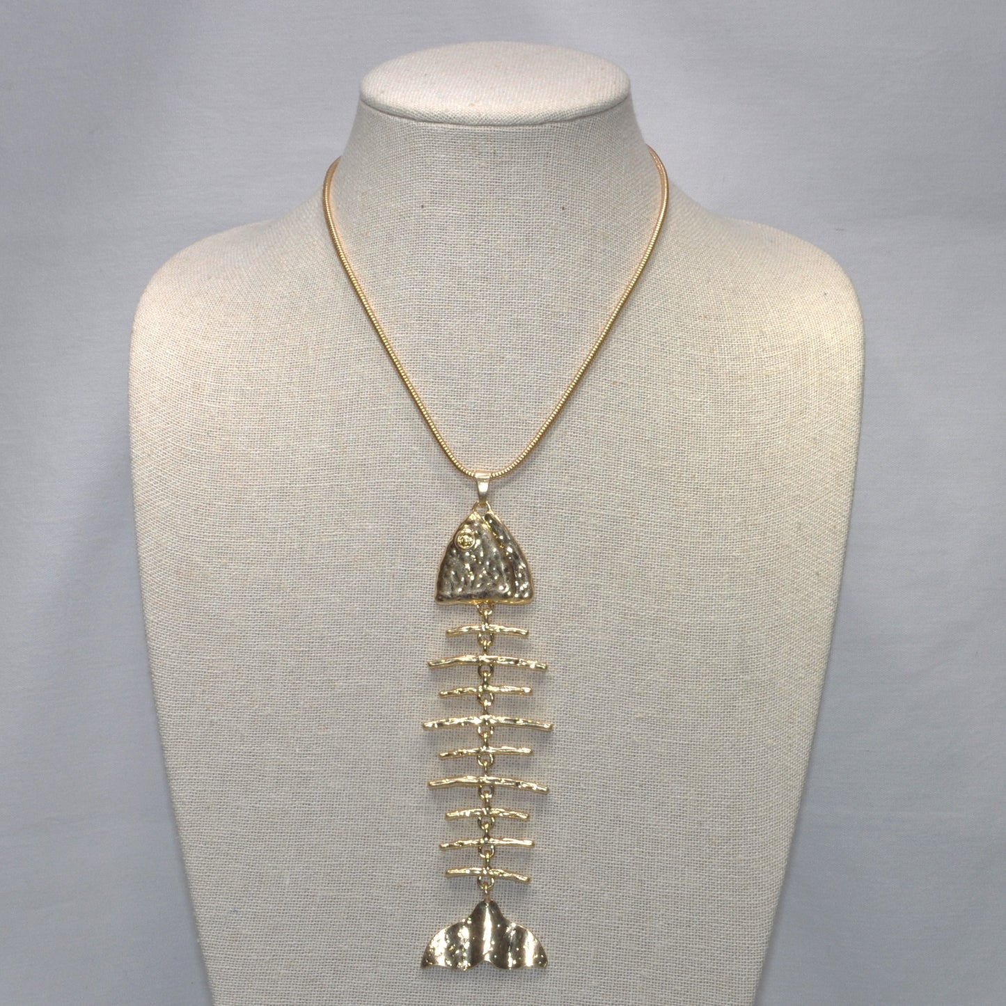 Long Metal Hammered Bone FIsh Necklace