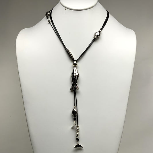 Long Double Cord Necklace with Metal Fishes and Tassel