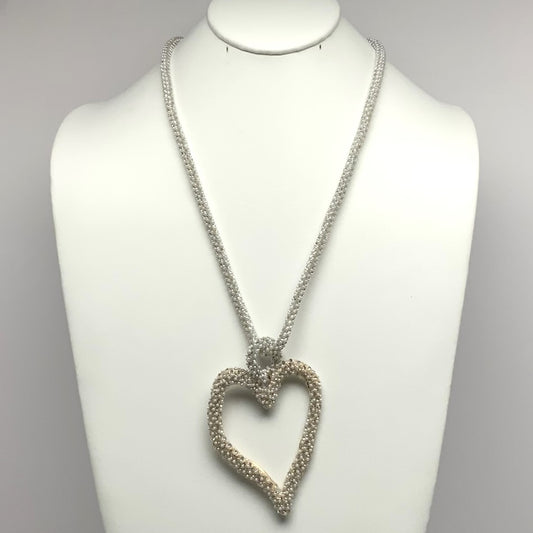 Long Pearl and Bling Heart Necklace