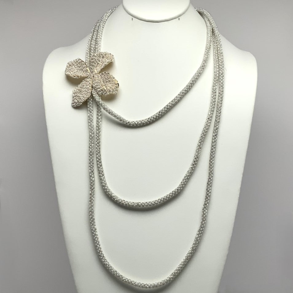 Long Three Layer Pearl and Bling Necklace with Flower Pin Pendant