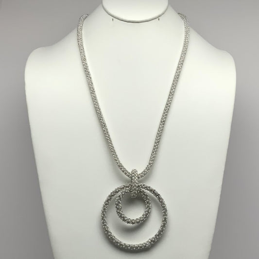 Long Rhinestone and Pearl Bling Necklace with Double Circle Pendant