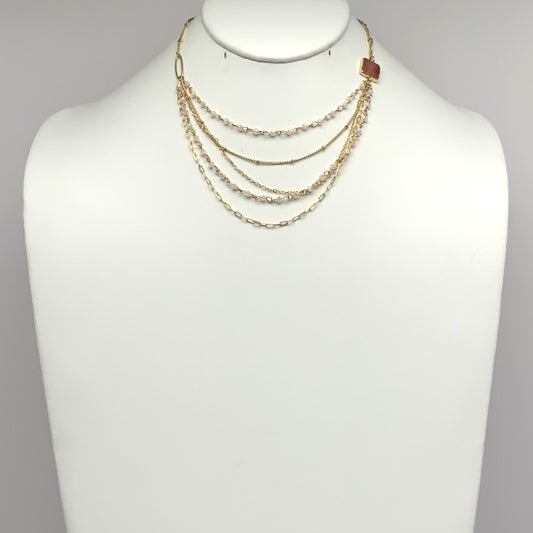 Short Layered Dainty Necklace with Semi-Precious Look Square