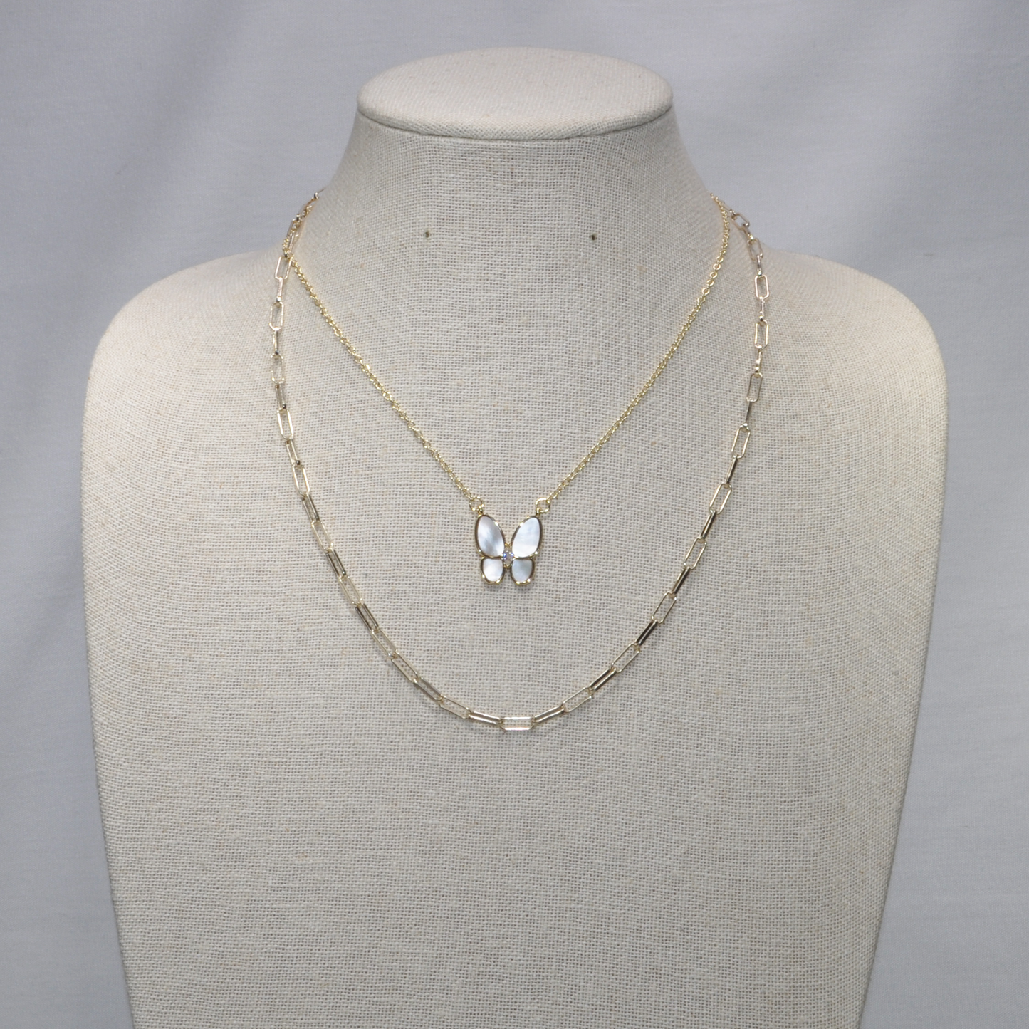 Short Double Layer Paper Clip Look Chain Link With MOP Butterfly