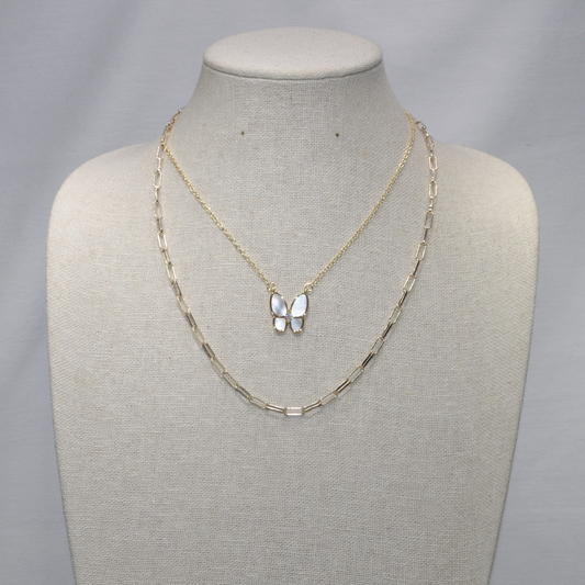 Short Double Layer Paper Clip Look Chain Link With MOP Butterfly