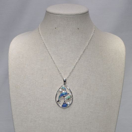 Sea Glass Tear Drop with Three Dolphins Necklace