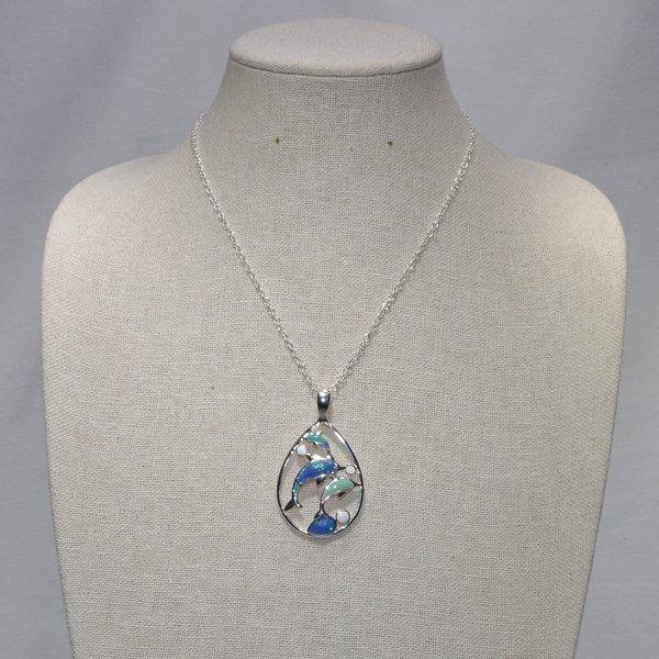 Sea Glass Tear Drop with Three Dolphins Necklace