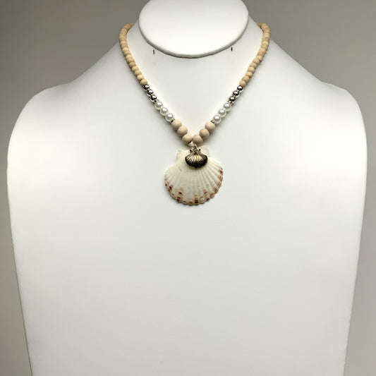 Short Wood, Metal, and Pearl Bead Necklace with Natural Clam Shell Pendant